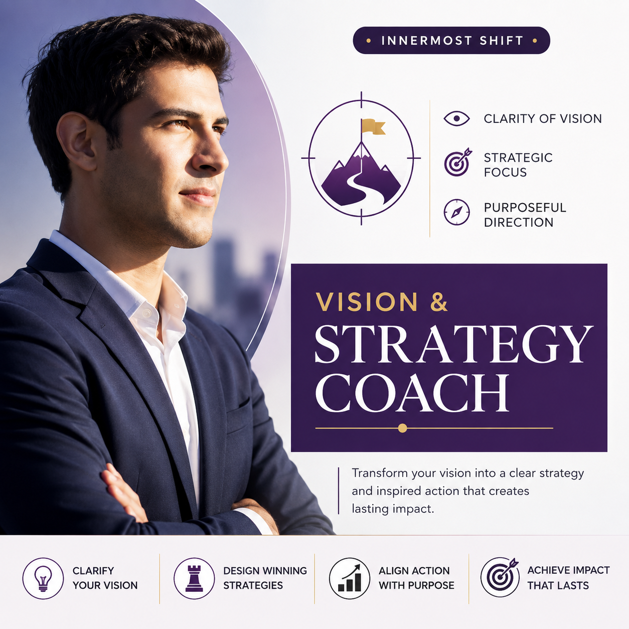 Professional man in business attire representing Vision and Strategy Coach, emphasizing clarity of vision, strategic focus, and purposeful direction for leadership success.