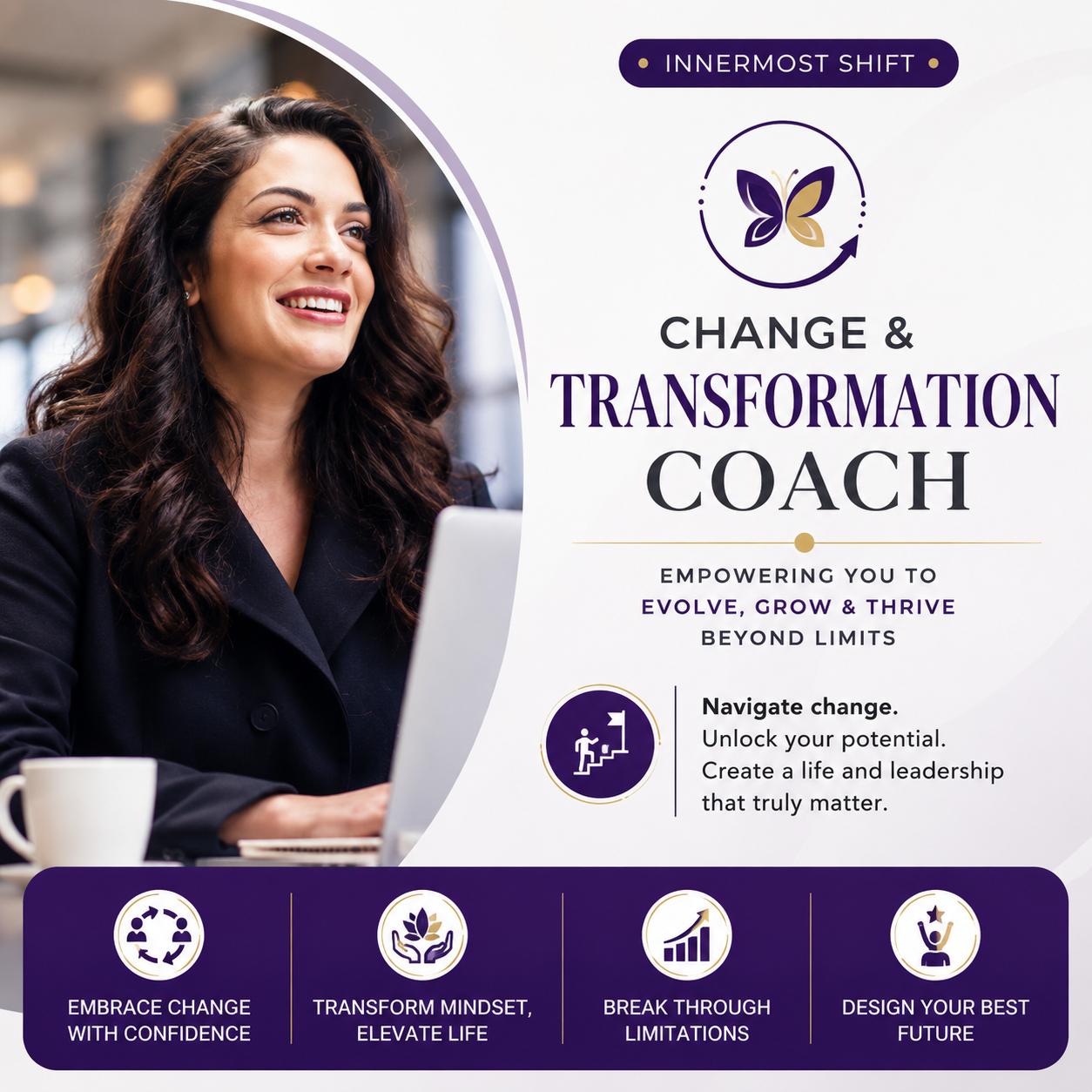 Smiling professional woman representing Change and Transformation Coach, empowering growth, confidence, and mindset elevation through leadership and personal development.