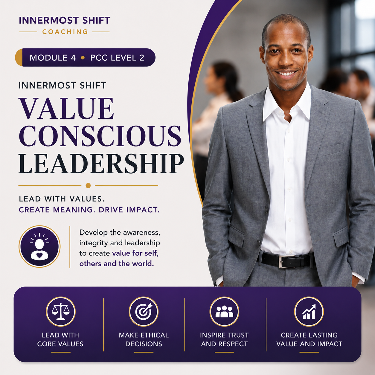 Confident business leader representing Value Conscious Leadership coaching, promoting ethical decision‑making, trust, integrity, and purpose‑driven impact in professional growth.