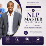 Confident professional man beside “NLP Master Practitioner Certification” banner for Innermost Shift Coaching, promoting mastery, influence, and transformation through advanced NLP training.