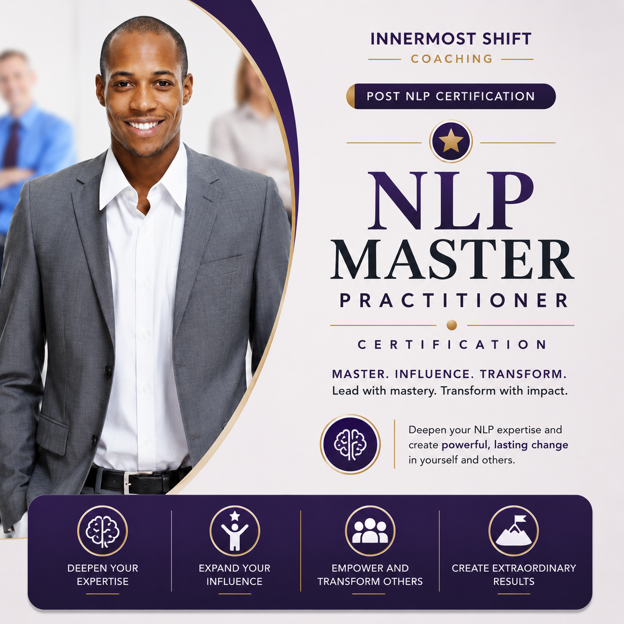 Confident professional man beside “NLP Master Practitioner Certification” banner for Innermost Shift Coaching, promoting mastery, influence, and transformation through advanced NLP training.