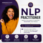 Excited woman celebrating success beside “NLP Practitioner” banner for Innermost Shift Coaching, certified by Dr. Richard Bandler, emphasizing mastery of language, mindset transformation, and impactful communication.