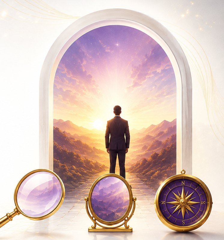 A leader standing in an arch facing sunrise, with a golden lens, mirror and compass