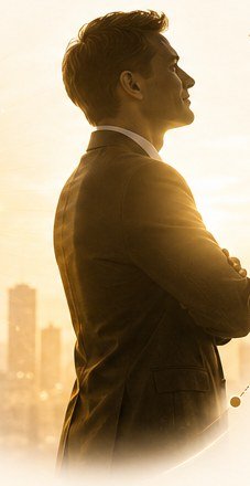 The same leader, head lifted, in warm light
